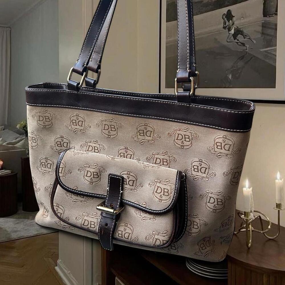 Dooney & Bourke Beige Monogram Tote Bag with Dark Brown Leather Trim